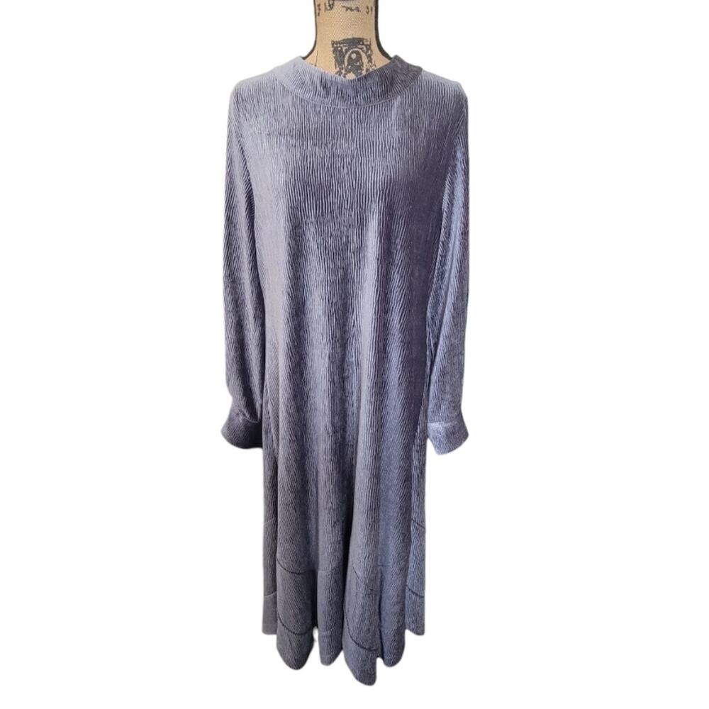 New XL Soft Surroundings Velvet Dress, Gray Wavy Pattern, Long Sleeve Mock Neck